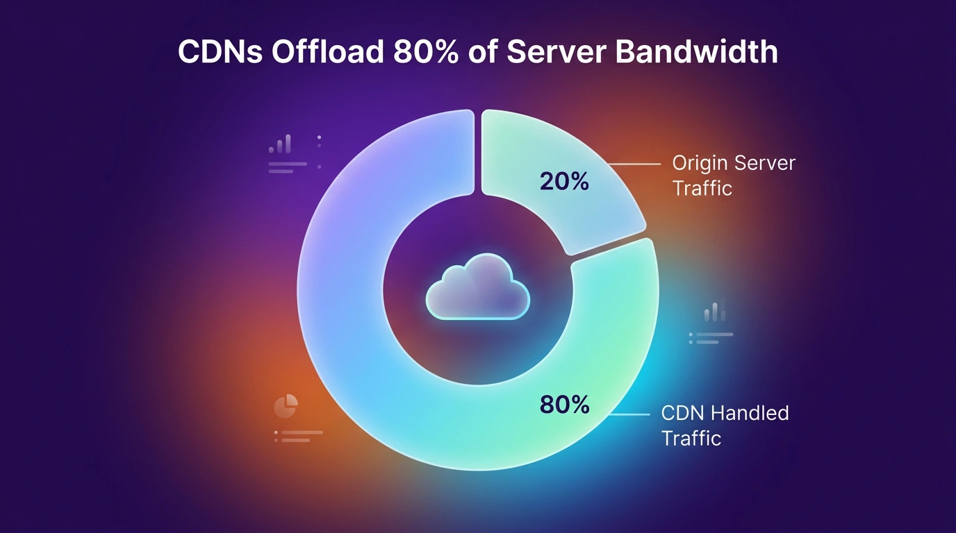 Donut chart illustrating a Content Delivery Network offloading 60 to 80 percent of server bandwidth.