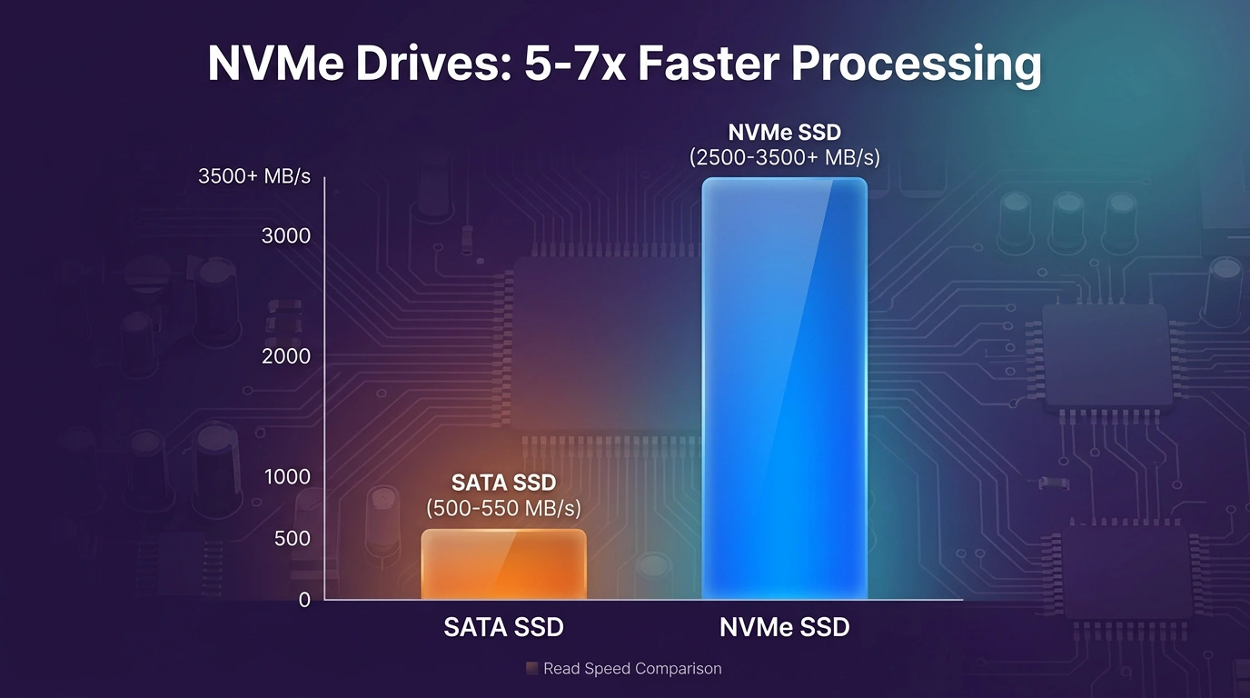 Bar chart showing NVMe SSDs performing 5 to 7 times faster than standard SATA SSDs.