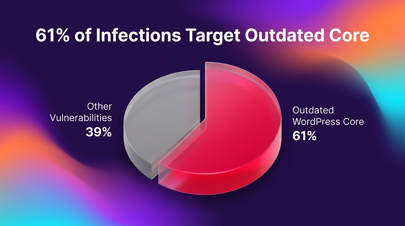 A modern pie chart highlighting the percentage of website infections caused by outdated core software.