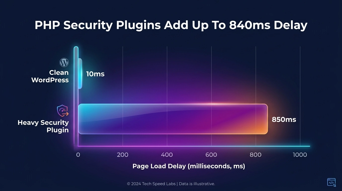 Bar chart showing the delay in Time to First Byte caused by heavy WordPress security plugins compared to a clean installation.