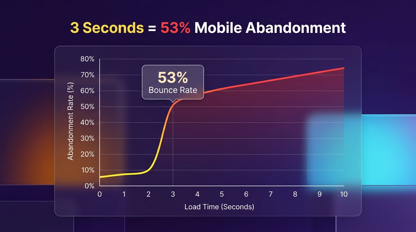 Line graph demonstrating that 53 percent of mobile users abandon a site if it takes 3 seconds to load.