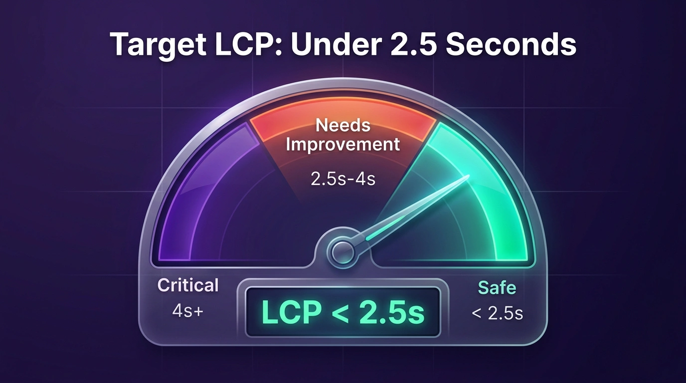 Speedometer graphic showing optimal website loading speed below two point five seconds