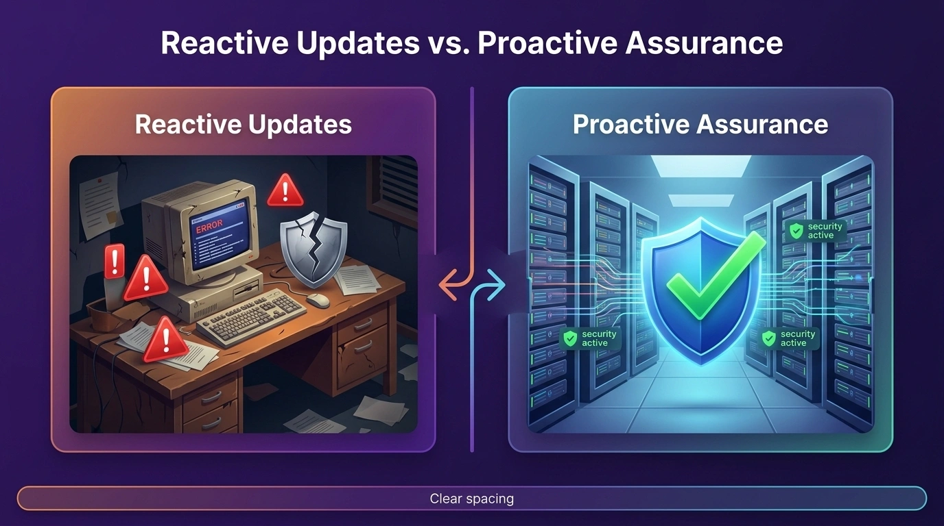 Side by side comparison showing reactive WordPress updates versus proactive infrastructure assurance