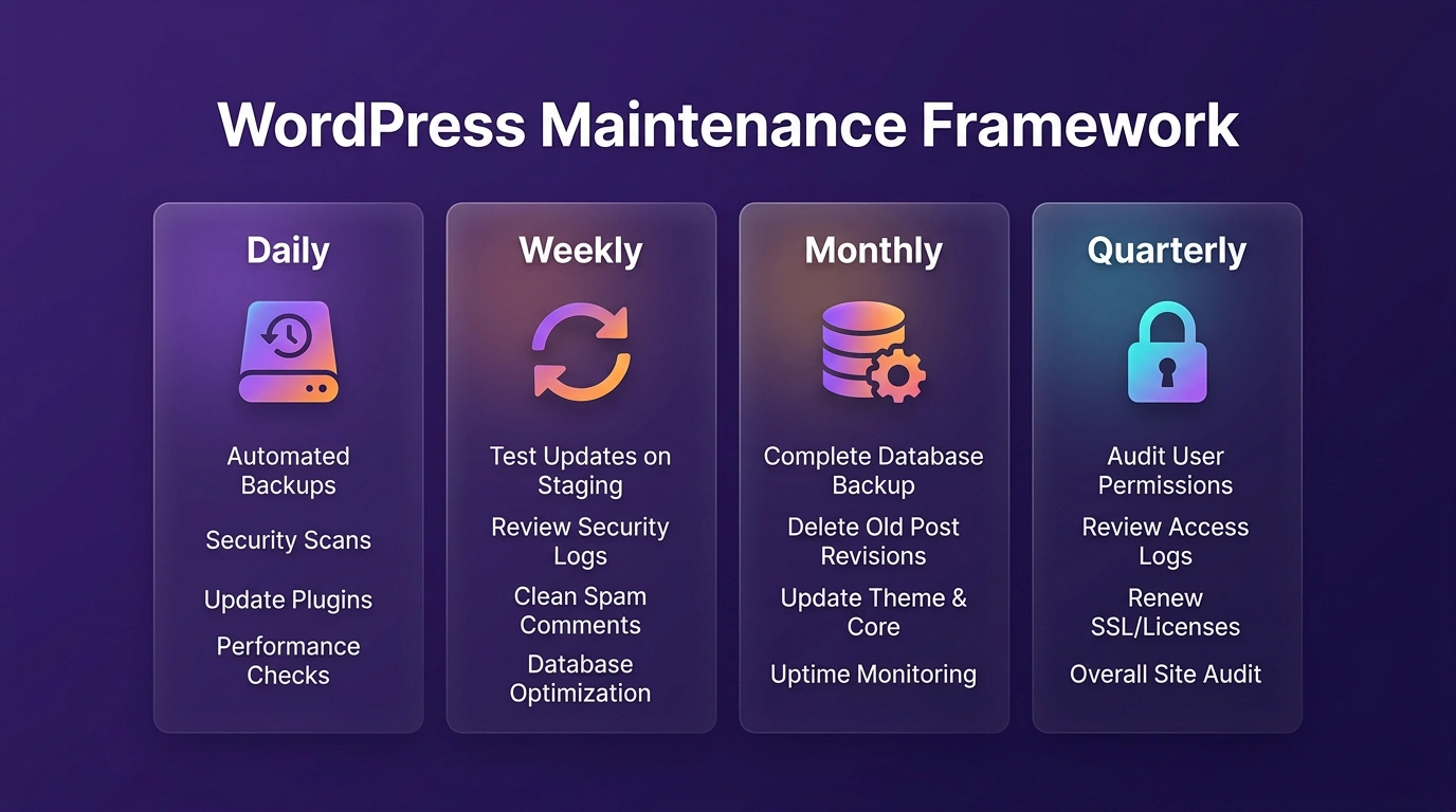 Four column chart outlining daily weekly monthly and quarterly WordPress maintenance tasks