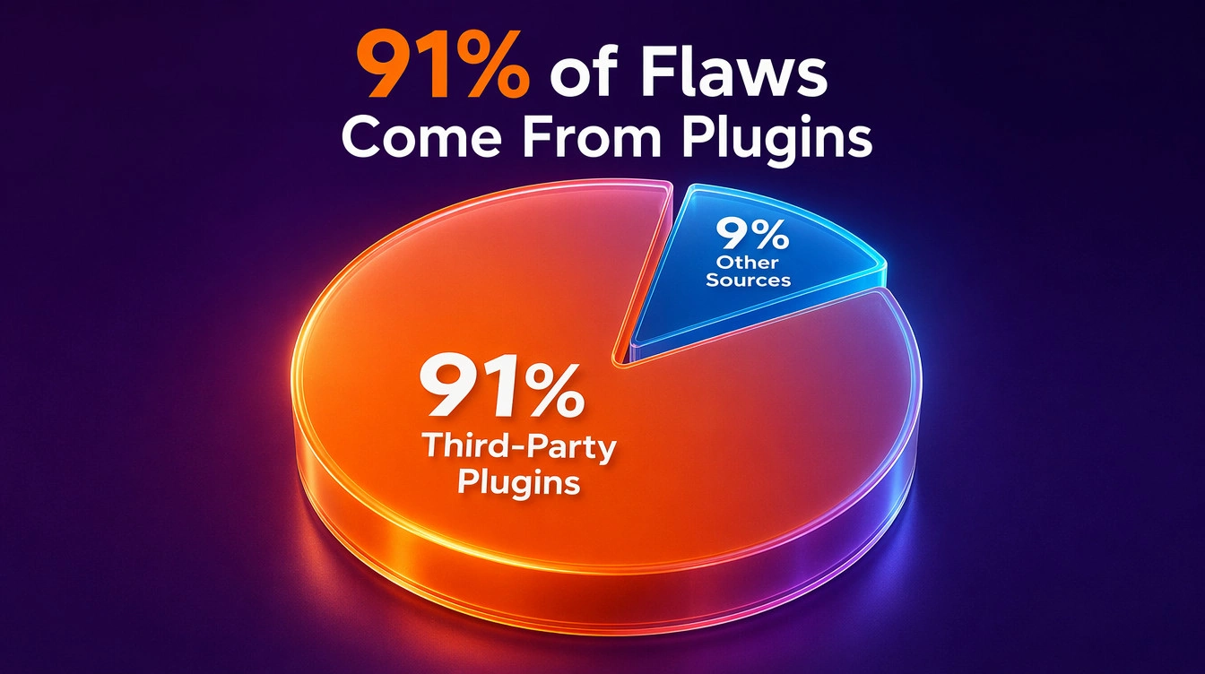 Pie chart showing that third-party plugins cause the vast majority of software flaws.
